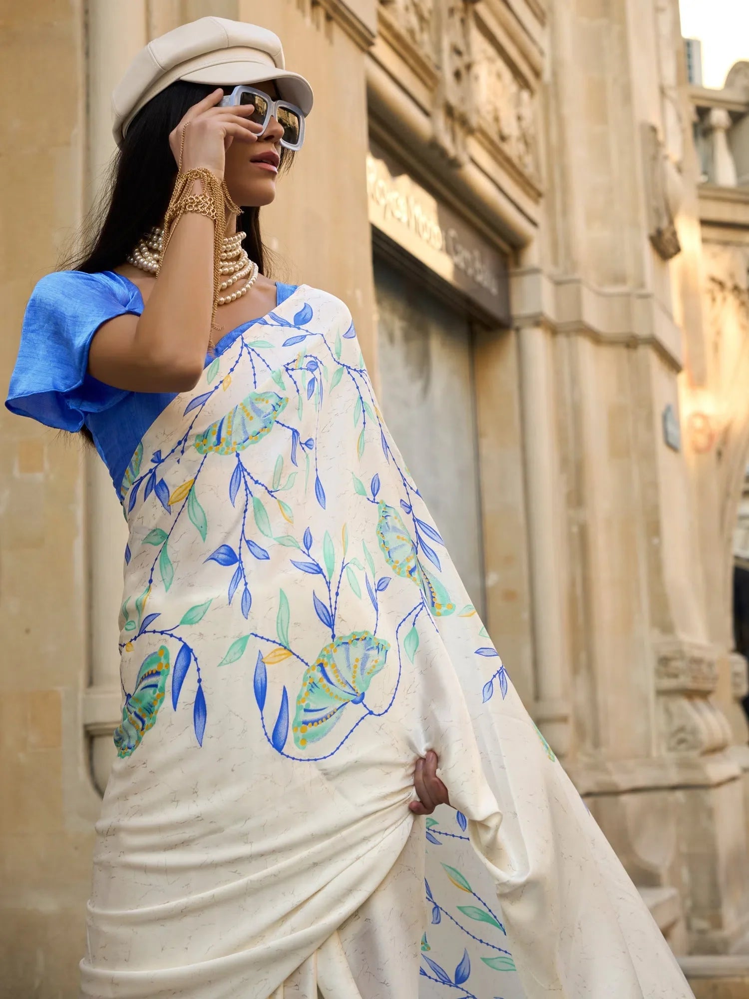 Cream Printed Satin Saree - Designer Sarees India