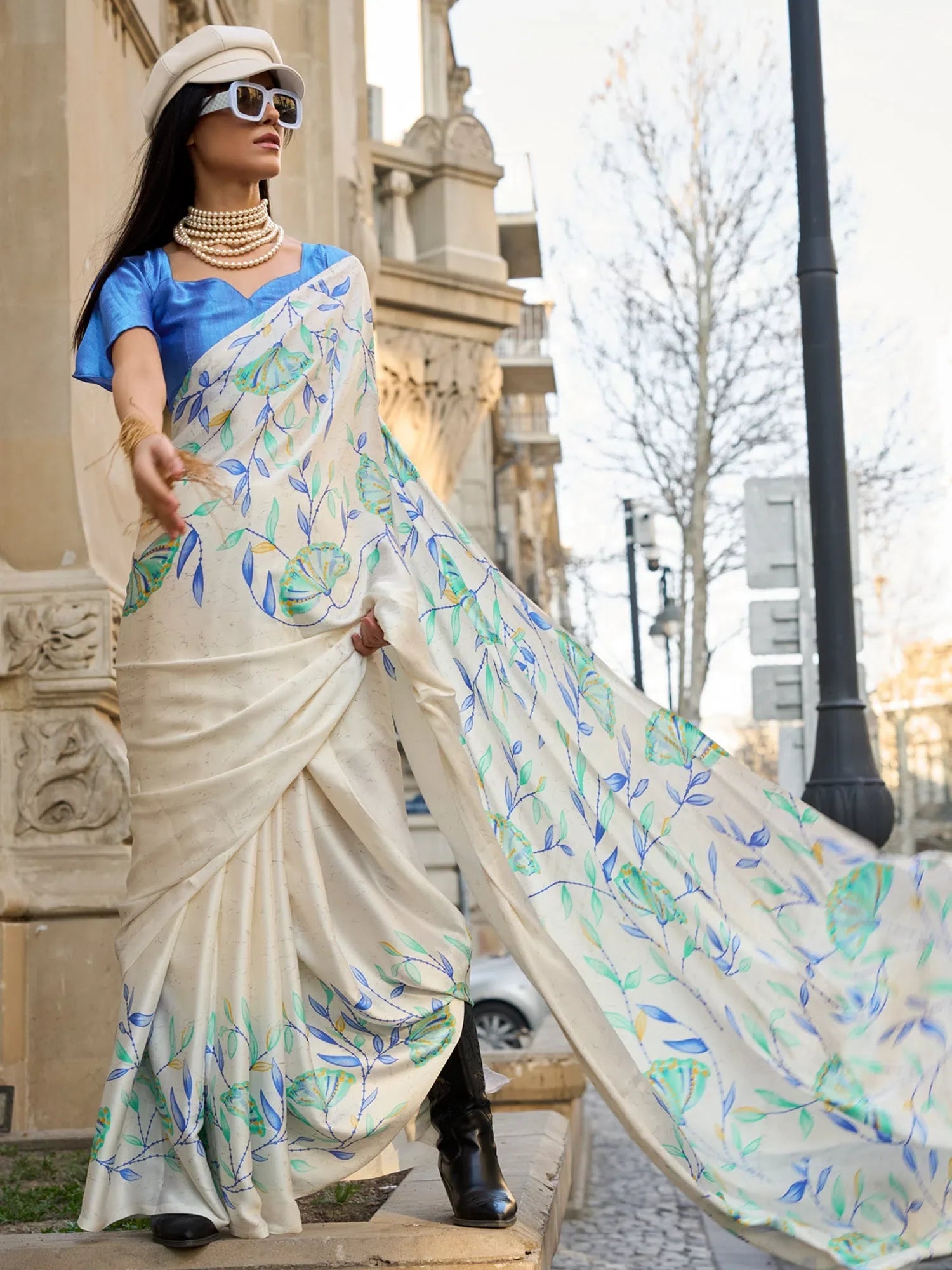 Cream Printed Satin Saree - Designer Sarees India