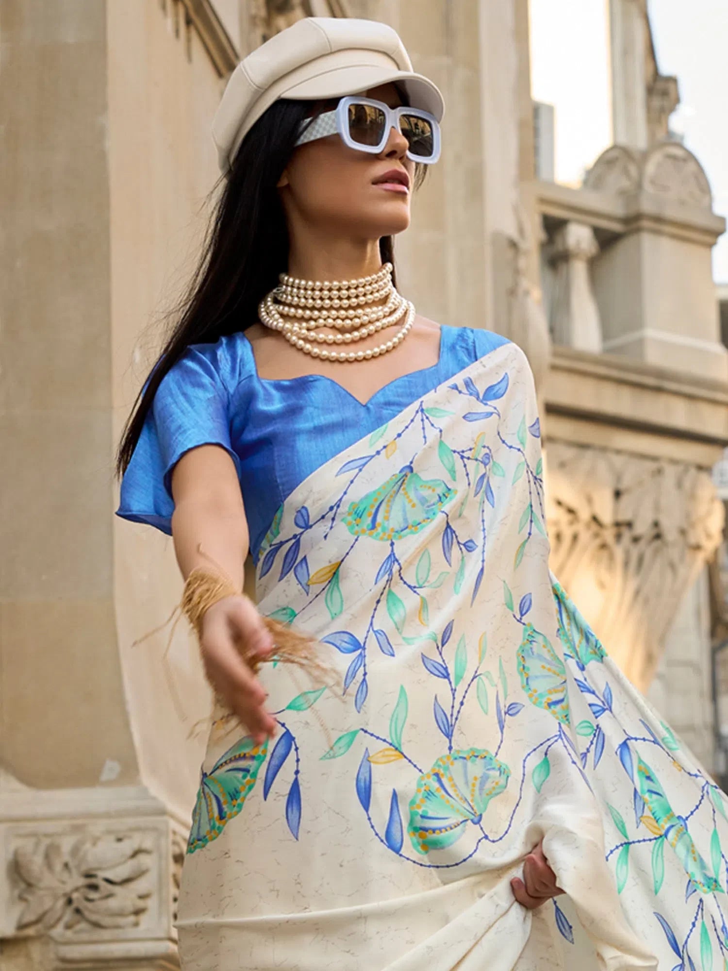 Cream Printed Satin Saree - Designer Sarees India