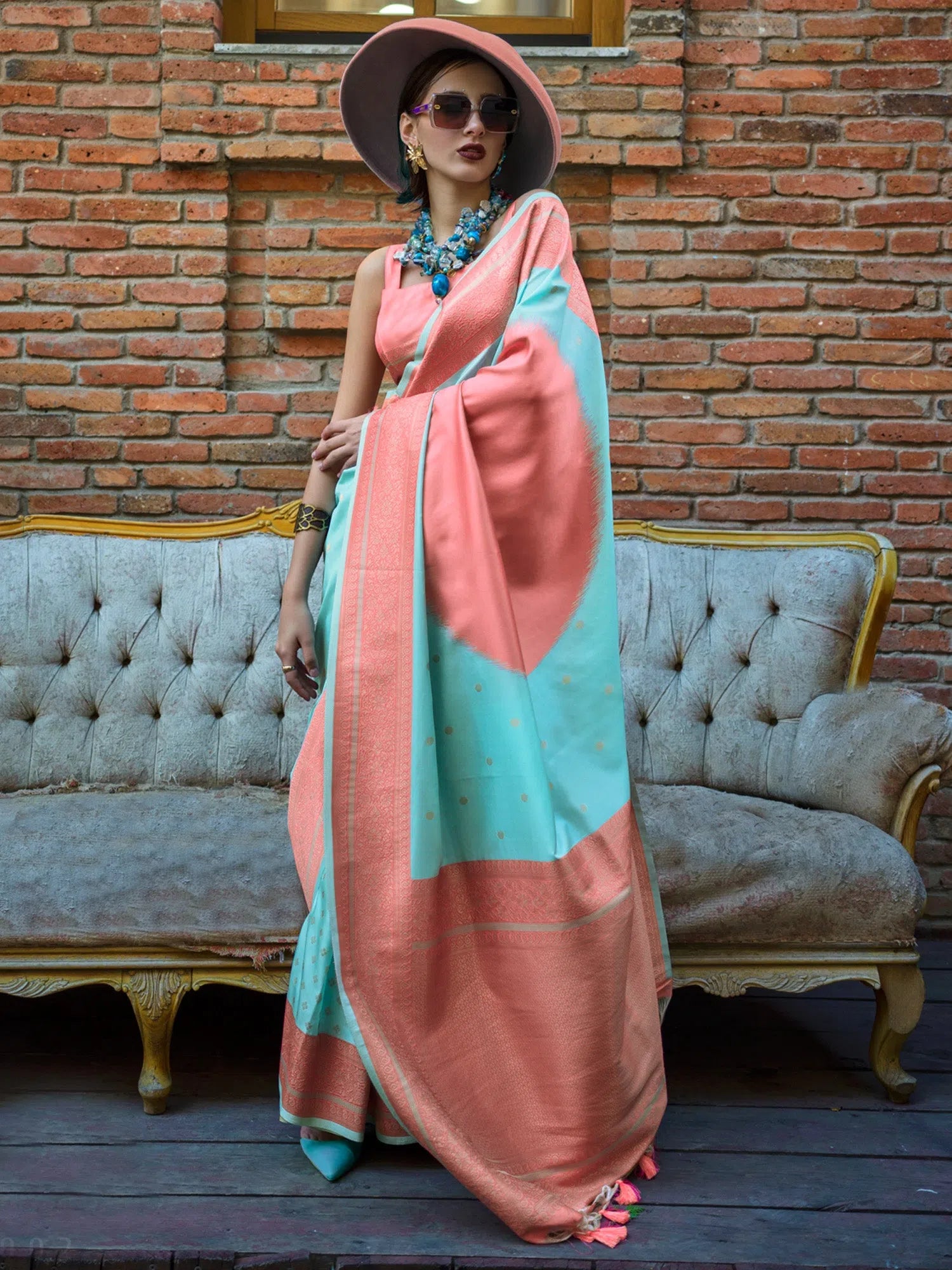 Soft Blue Woven Polyester Saree | Designer Indian Sari