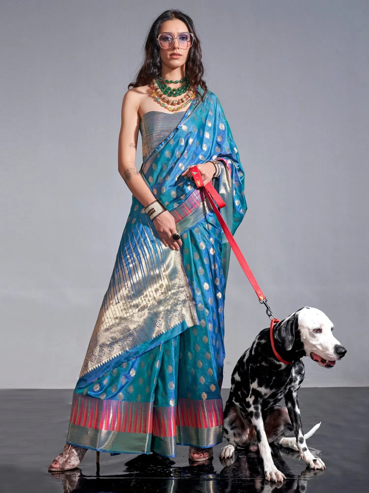 Teal Blue Woven Design Indian Sari | Premium Polyester Saree