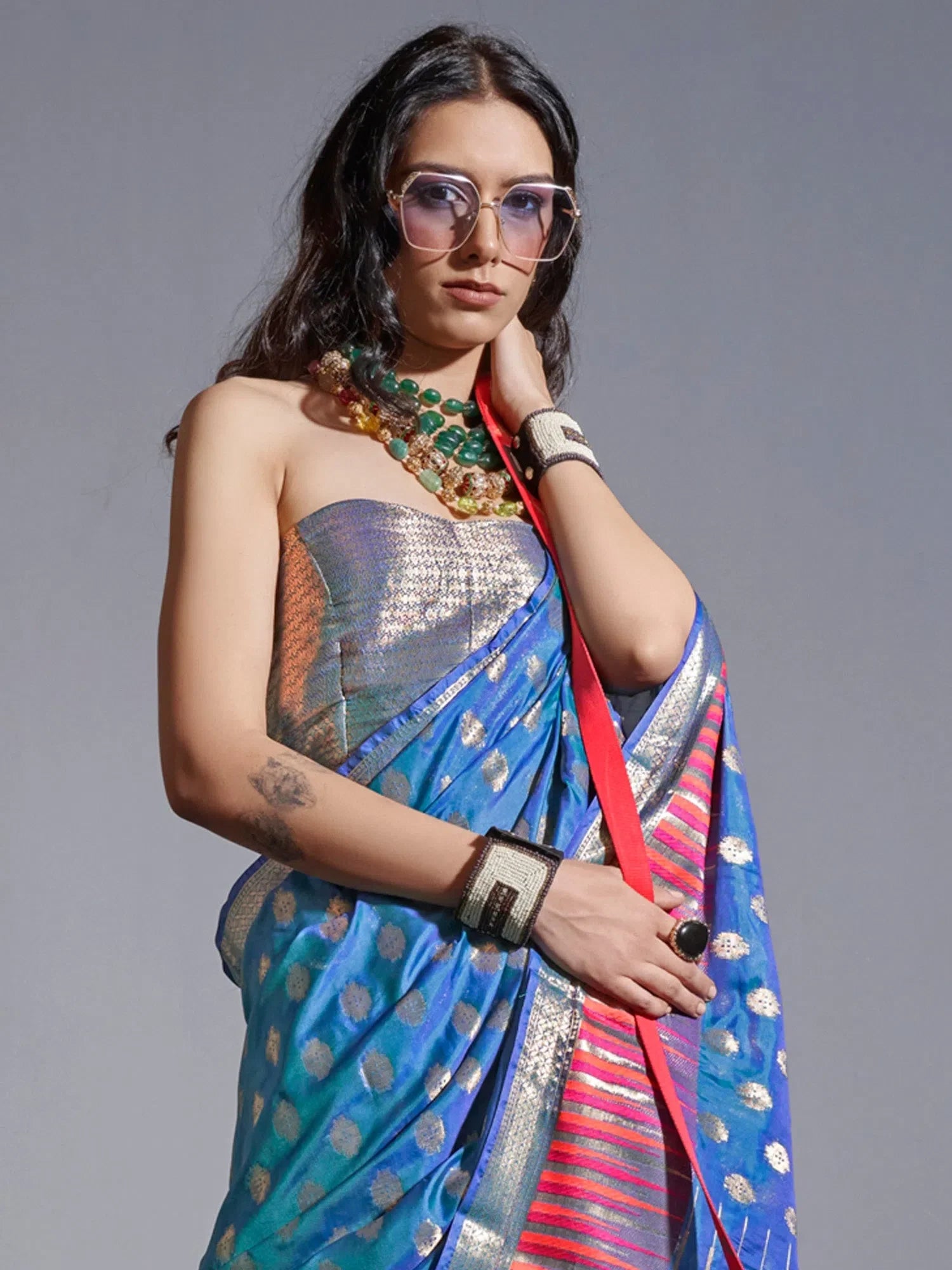 Teal Blue Woven Design Indian Sari | Premium Polyester Saree