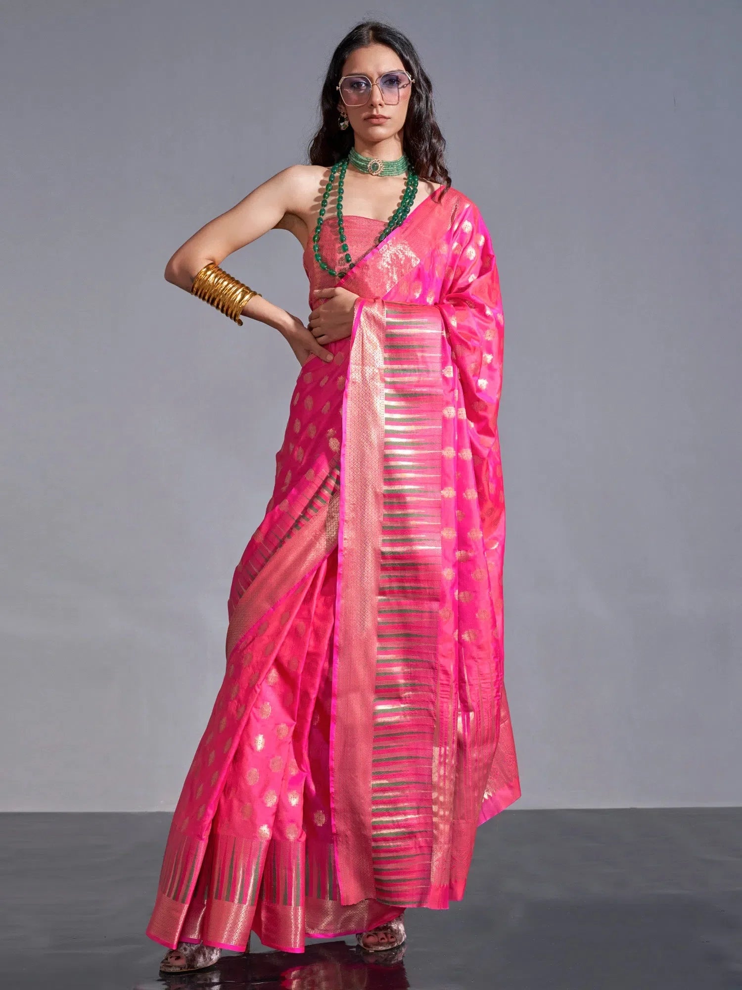 Pink Woven Polyester Saree | Indian Wedding Sarees