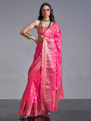 Women's Blend Lime Green Woven Design Designer Saree With Blouse Piece-KOKRO308001