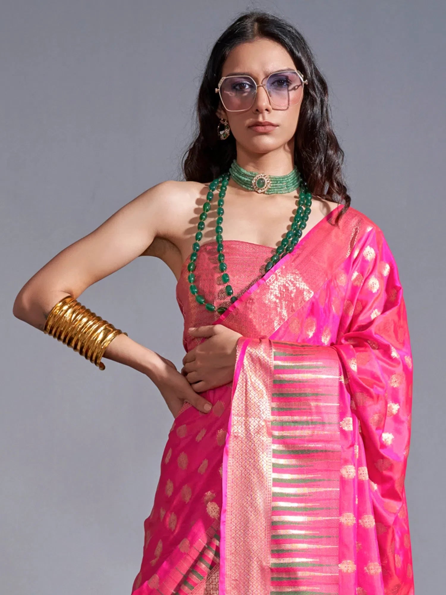 Pink Woven Polyester Saree | Indian Wedding Sarees