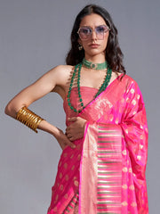 Women's Blend Lime Green Woven Design Designer Saree With Blouse Piece-KOKRO308001
