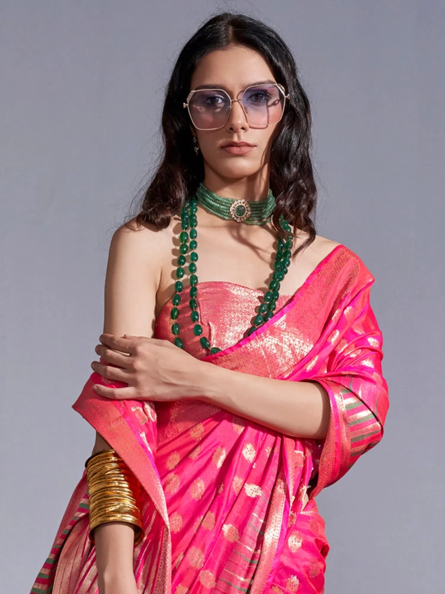 Pink Woven Polyester Saree | Indian Wedding Sarees