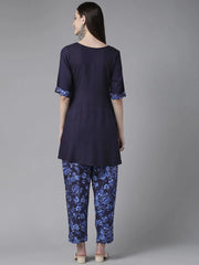 Navy Blue Rayon Wax Printed Angrakha Gotta Patti Tunic With Trousers-AHTUPN-COMBO-376