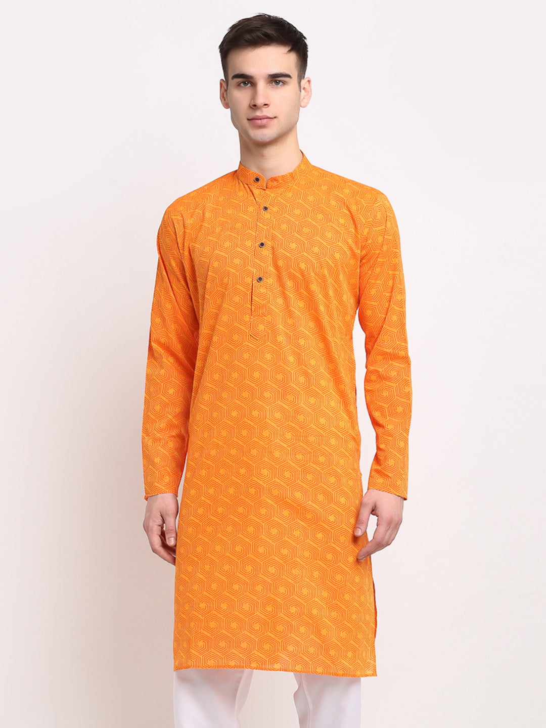Men's Yellow Cotton Printed Kurta Only
