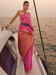Women's Blend Peach Woven Design Designer Saree With Blouse Piece-KOKRO308006