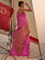Women's Blend Peach Woven Design Designer Saree With Blouse Piece-KOKRO308006