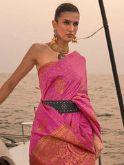 Women's Blend Peach Woven Design Designer Saree With Blouse Piece-KOKRO308006