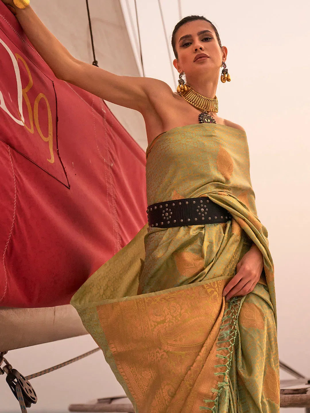 Women's  Blend Light Green Woven Design Designer Saree With Blouse Piece-KOKRO308005