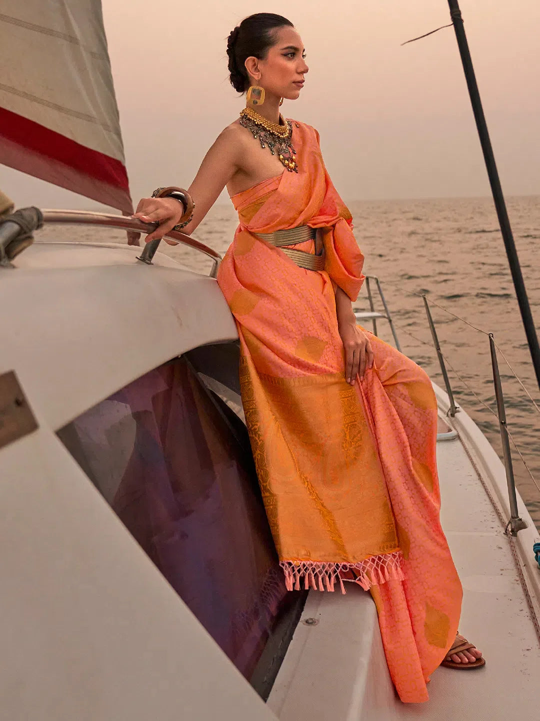 Peach Designer Saree: Blend, Woven - Designer Sarees India