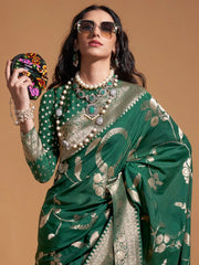 Women's Georgette Green Woven Design Designer Saree With Blouse Piece-KOKTAIL361006