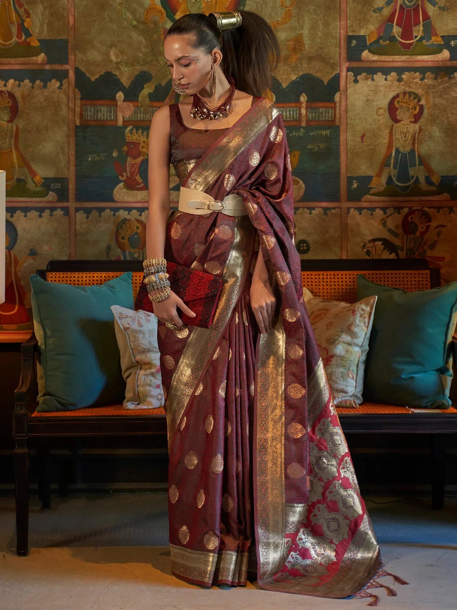 Brown Woven Designer Saree with Blouse - Indian Wedding Sarees