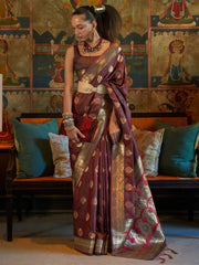 Women's Blend Brown Woven Design Designer Saree With Blouse Piece-KONA298005