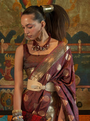 Women's Blend Brown Woven Design Designer Saree With Blouse Piece-KONA298005