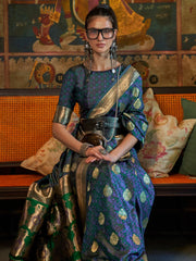 Women's Blend Teal Blue Woven Design Designer Saree With Blouse Piece-KONA298007