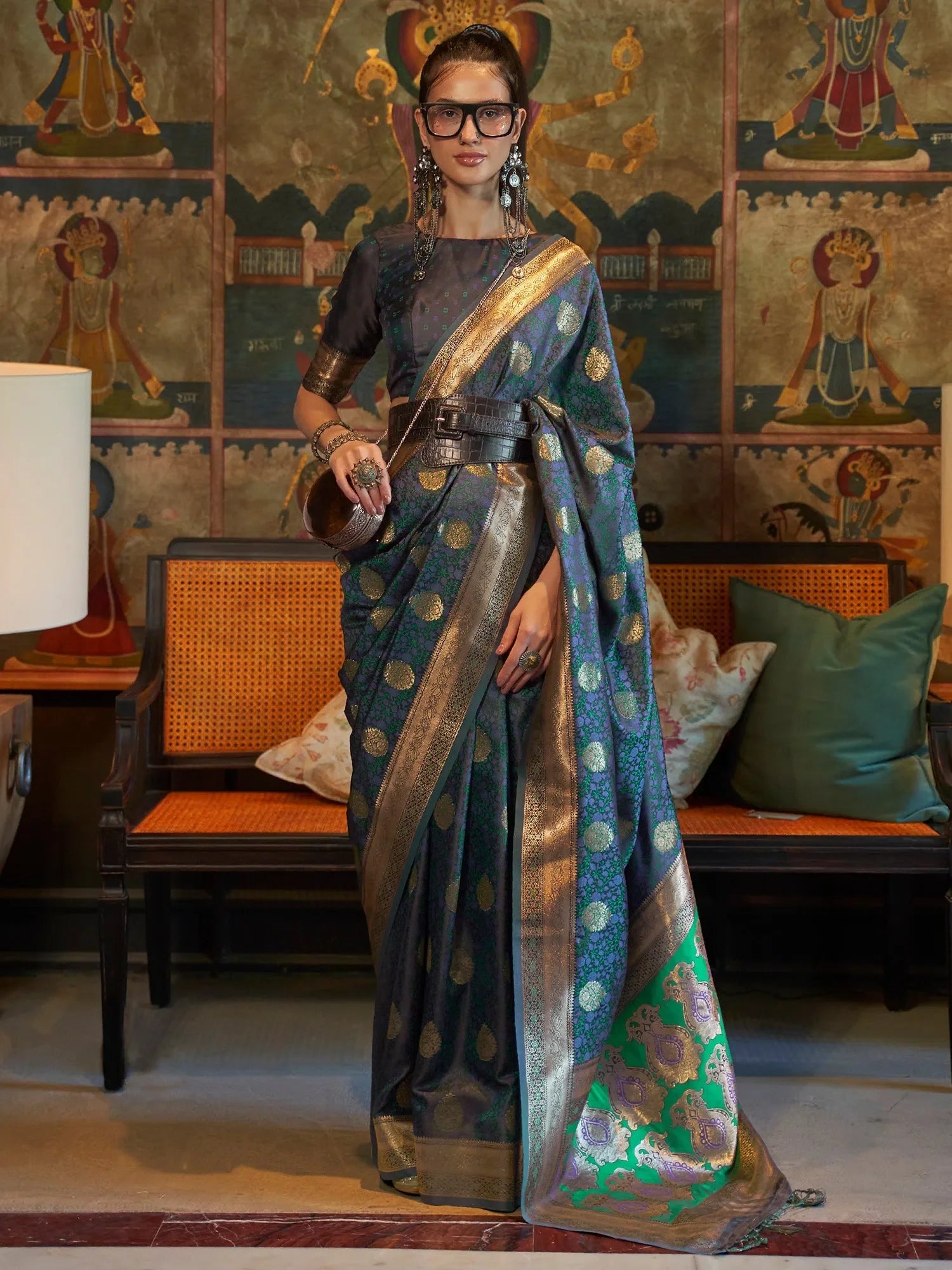 Grey Woven Design Polyester Saree | Indian Sarees