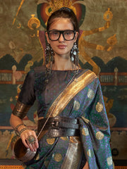 Women's Blend Teal Blue Woven Design Designer Saree With Blouse Piece-KONA298007