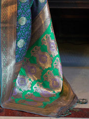 Women's Blend Teal Blue Woven Design Designer Saree With Blouse Piece-KONA298007