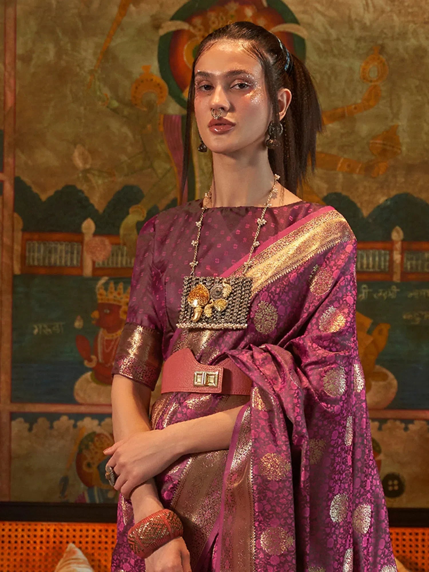 Purple Woven Polyester Saree | Ethnic Indian Sari with Blouse
