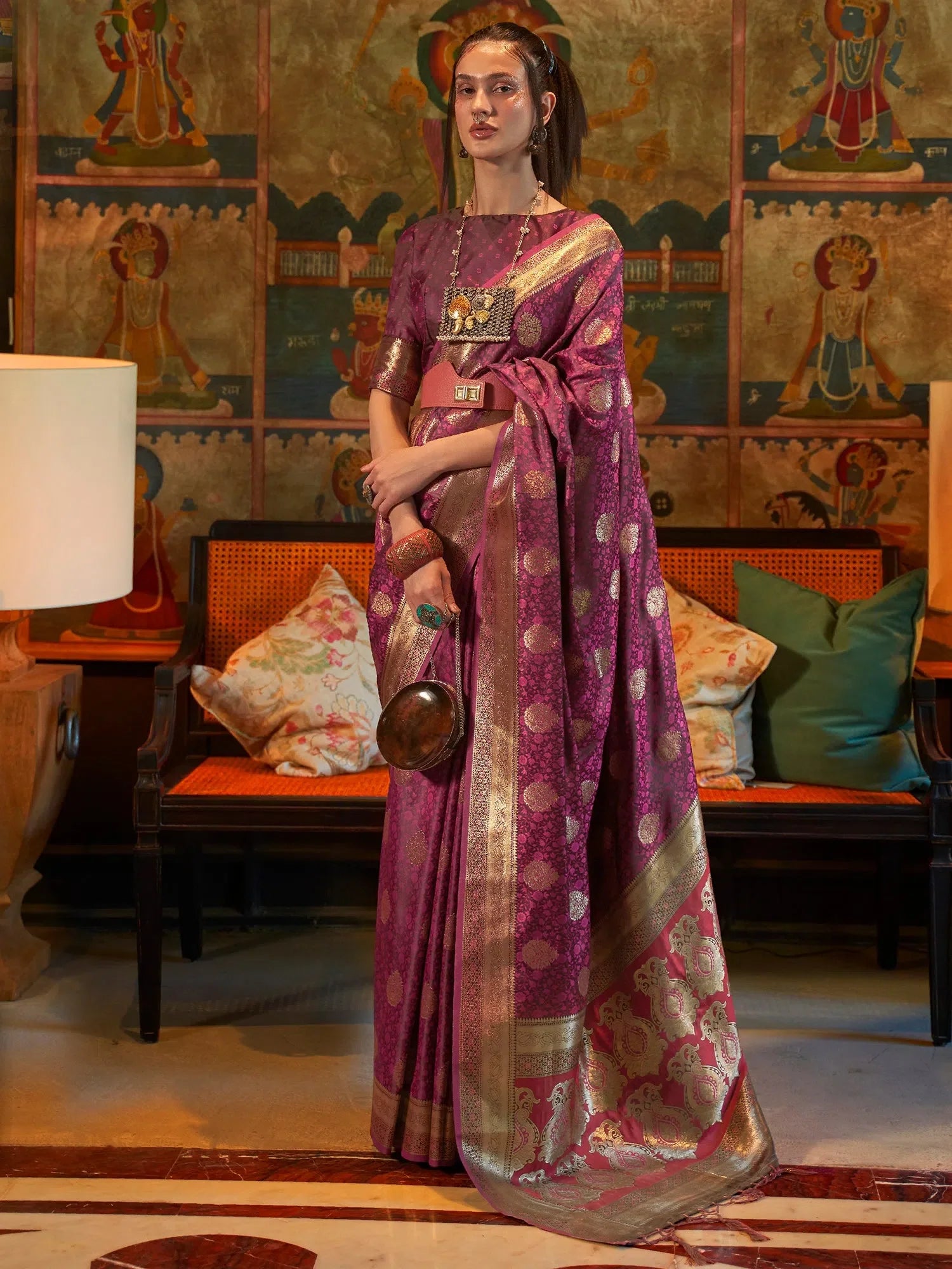 Purple Woven Polyester Saree | Ethnic Indian Sari with Blouse