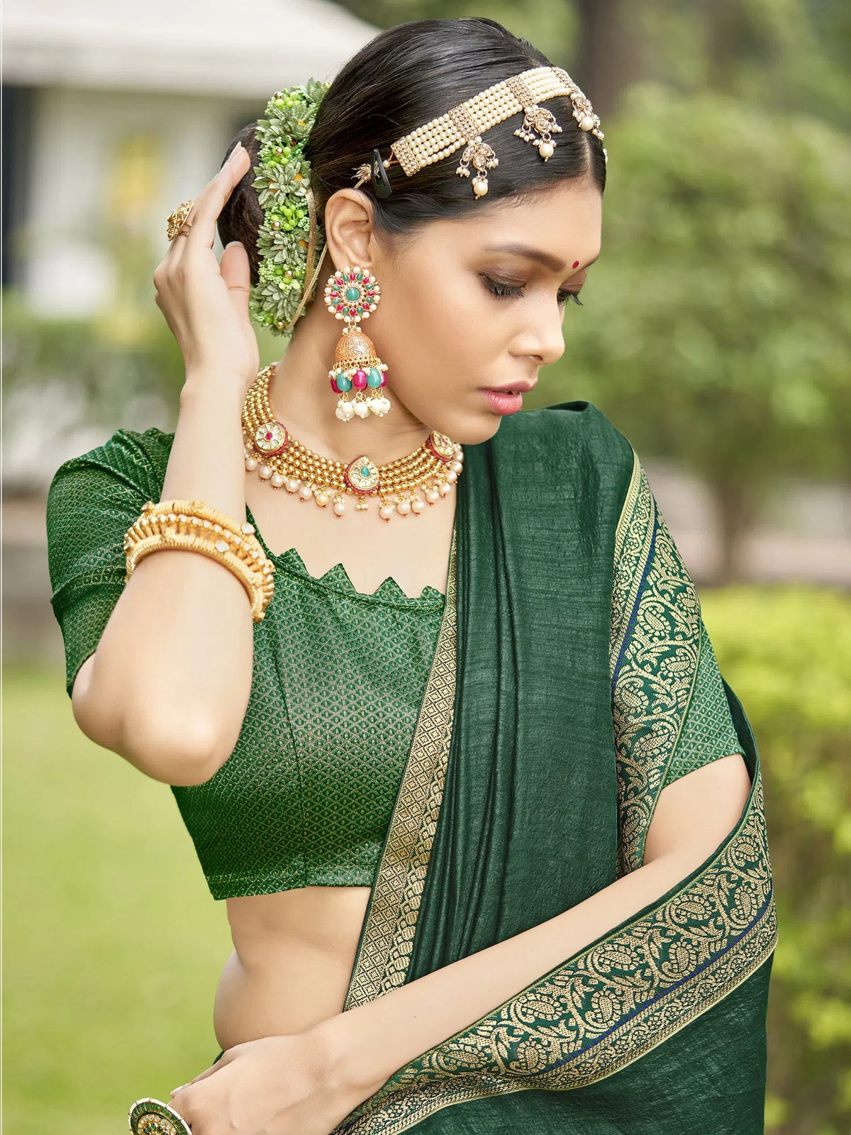 Women's Vichitra Green Embellished Designer Saree With Blouse Piece-KONKA81592