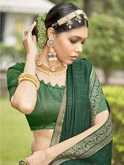 Women's Vichitra Green Embellished Designer Saree With Blouse Piece-KONKA81592