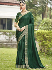 Women's Vichitra Green Embellished Designer Saree With Blouse Piece-KONKA81592