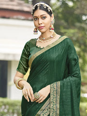 Women's Vichitra Green Embellished Designer Saree With Blouse Piece-KONKA81592