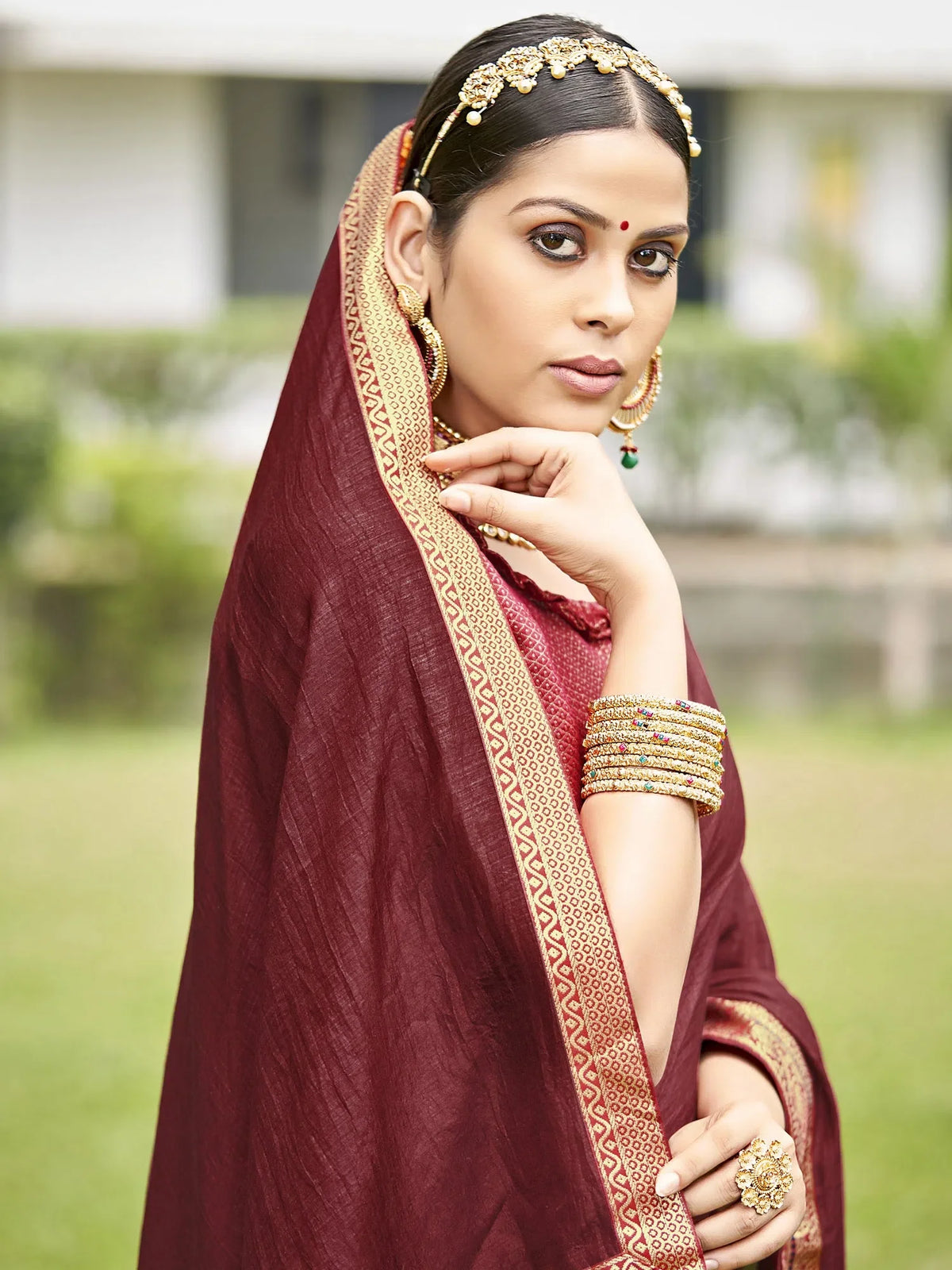Women's Vichitra Brown Embellished Designer Saree With Blouse Piece-KONKA81594
