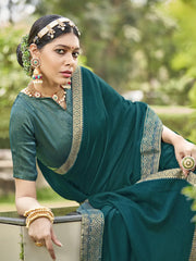Women's Vichitra  Teal Blue Embellished Designer Saree With Blouse Piece-KONKA81595