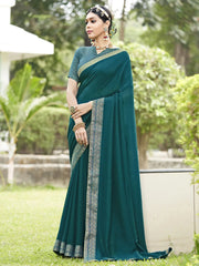 Women's Vichitra  Teal Blue Embellished Designer Saree With Blouse Piece-KONKA81595