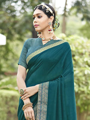Women's Vichitra  Teal Blue Embellished Designer Saree With Blouse Piece-KONKA81595