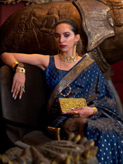 Women's Satin  Navy Blue Woven Design Designer Saree With Blouse Piece-KONTINA323001