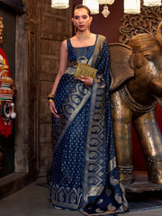 Women's Satin  Navy Blue Woven Design Designer Saree With Blouse Piece-KONTINA323001