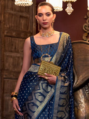 Women's Satin  Navy Blue Woven Design Designer Saree With Blouse Piece-KONTINA323001