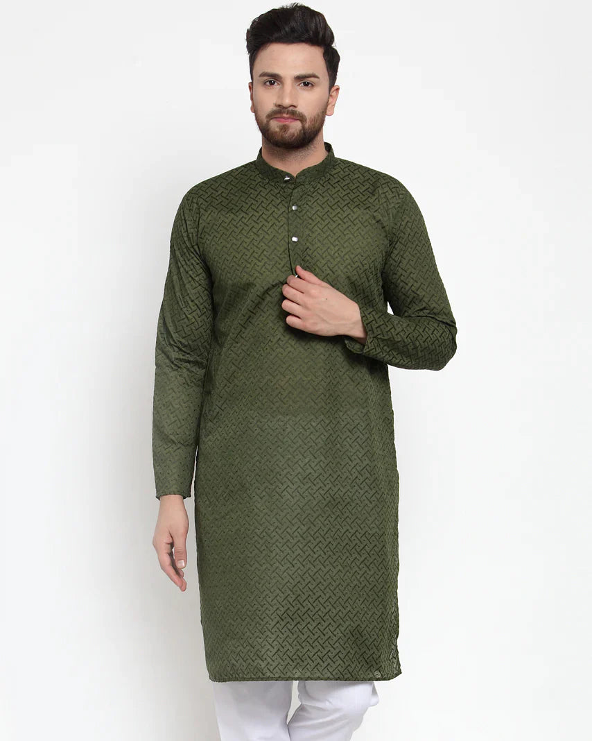 Men Olive Green Chikan Kurta - Cotton Indian Kurta for Men