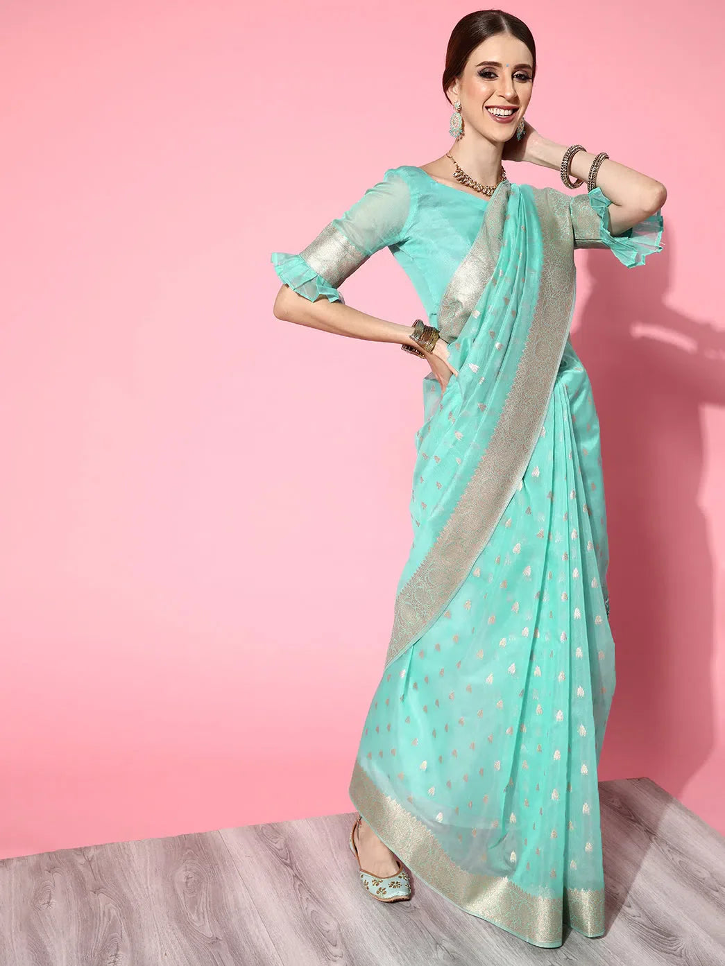 Turquoise Modal Saree - Indian Wedding Sarees & Blouse