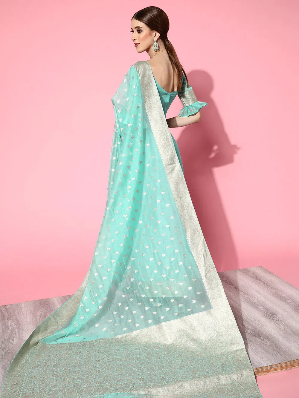 Turquoise Modal Saree - Indian Wedding Sarees & Blouse