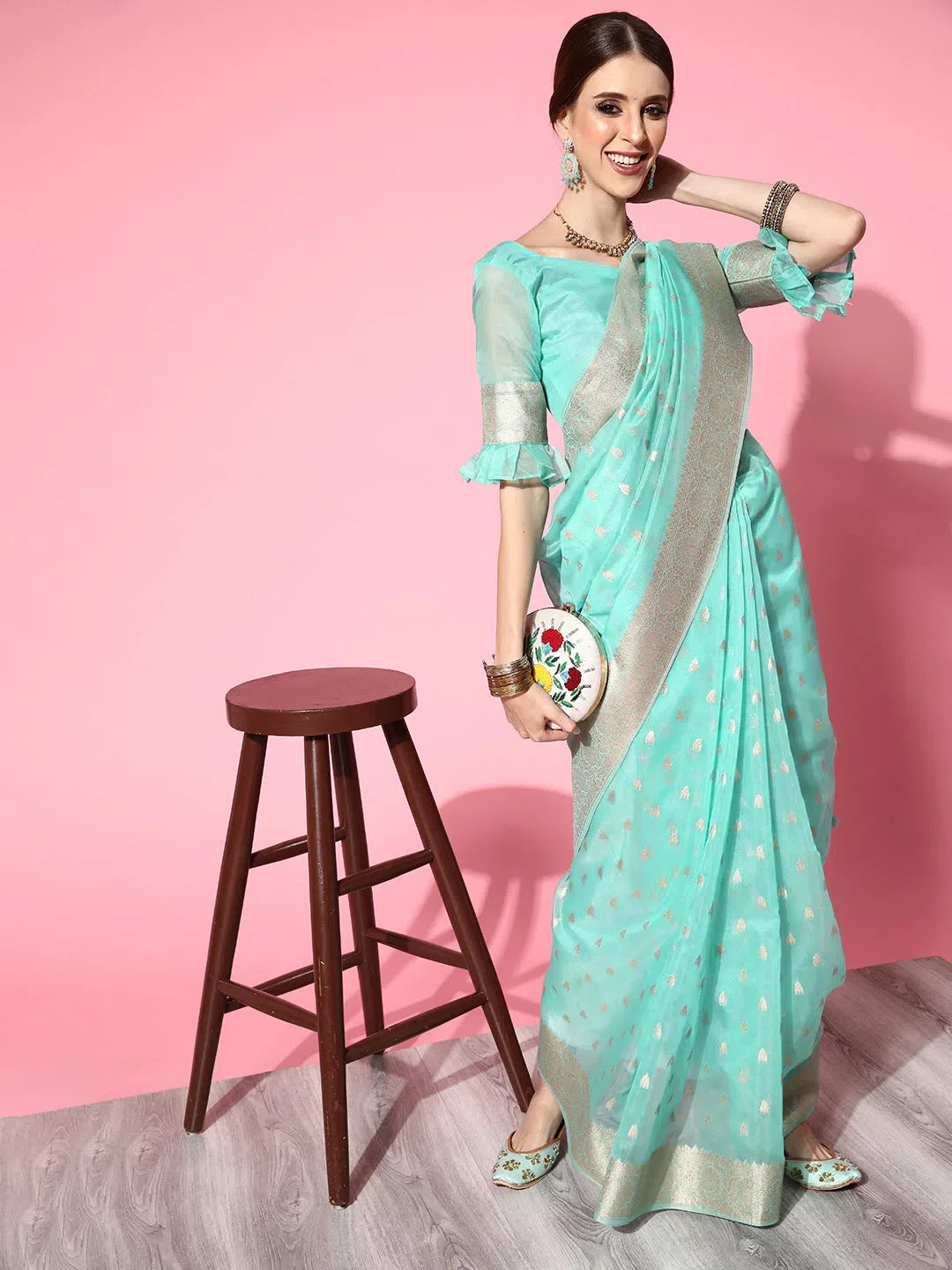 Turquoise Modal Saree - Indian Wedding Sarees & Blouse