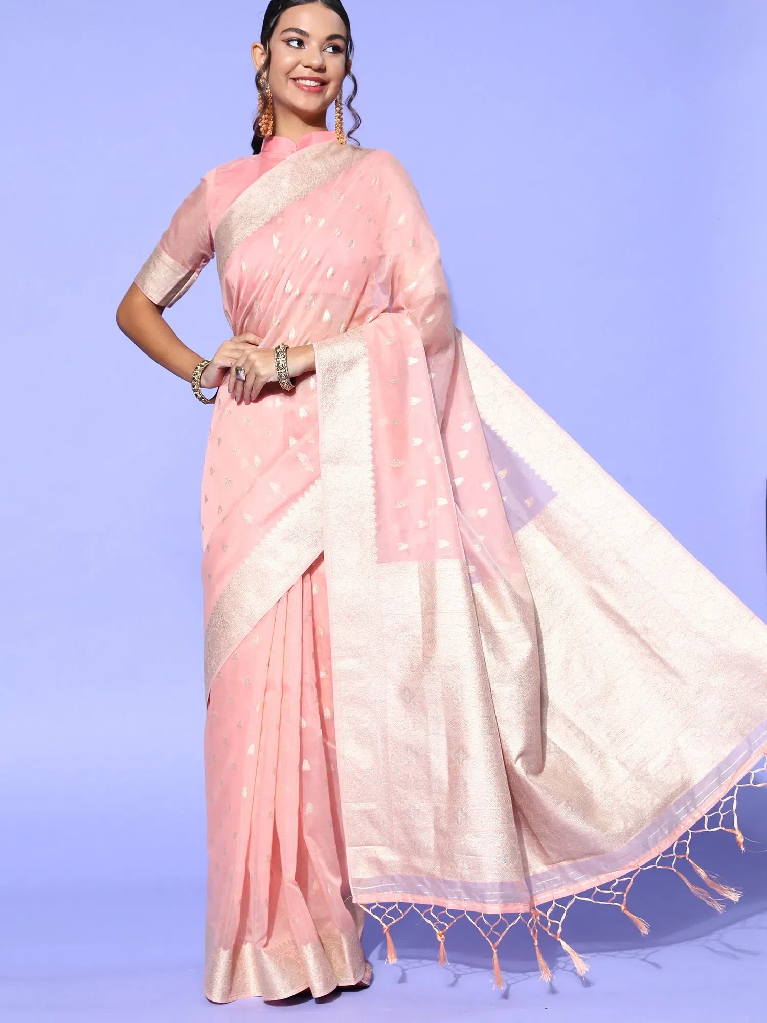 Peach Modal Saree with Woven Design | Indian Sarees