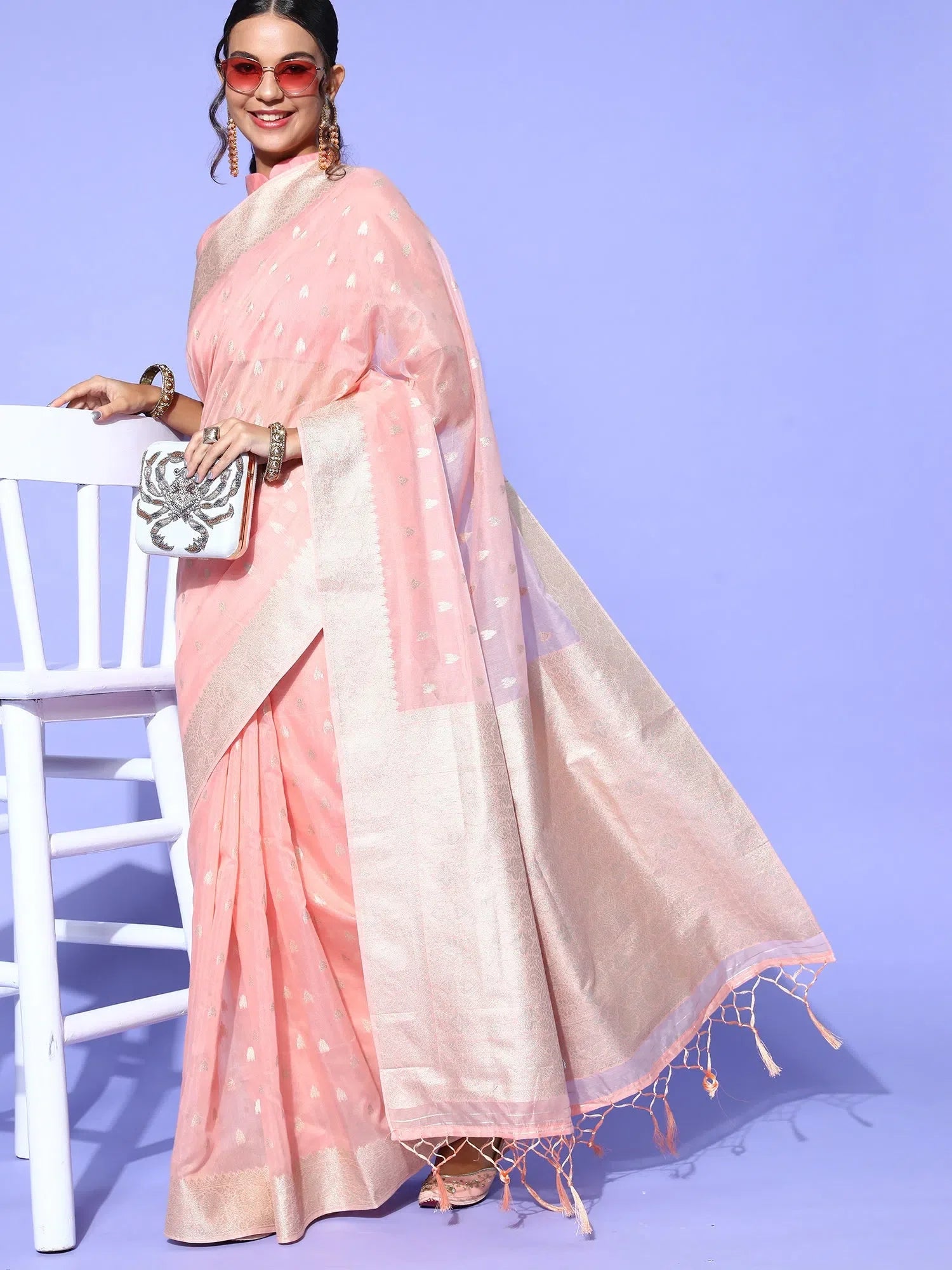 Peach Modal Saree with Woven Design | Indian Sarees