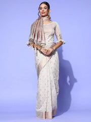Women's Blend White Woven Design Designer Saree With Blouse Piece-KORNEL310004