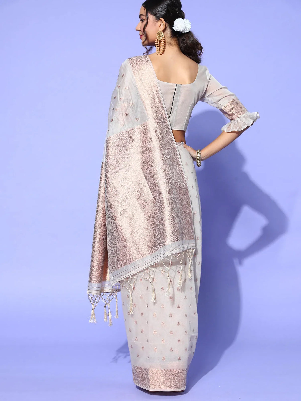 Women's Blend White Woven Design Designer Saree With Blouse Piece-KORNEL310004