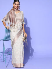 Women's Blend White Woven Design Designer Saree With Blouse Piece-KORNEL310004