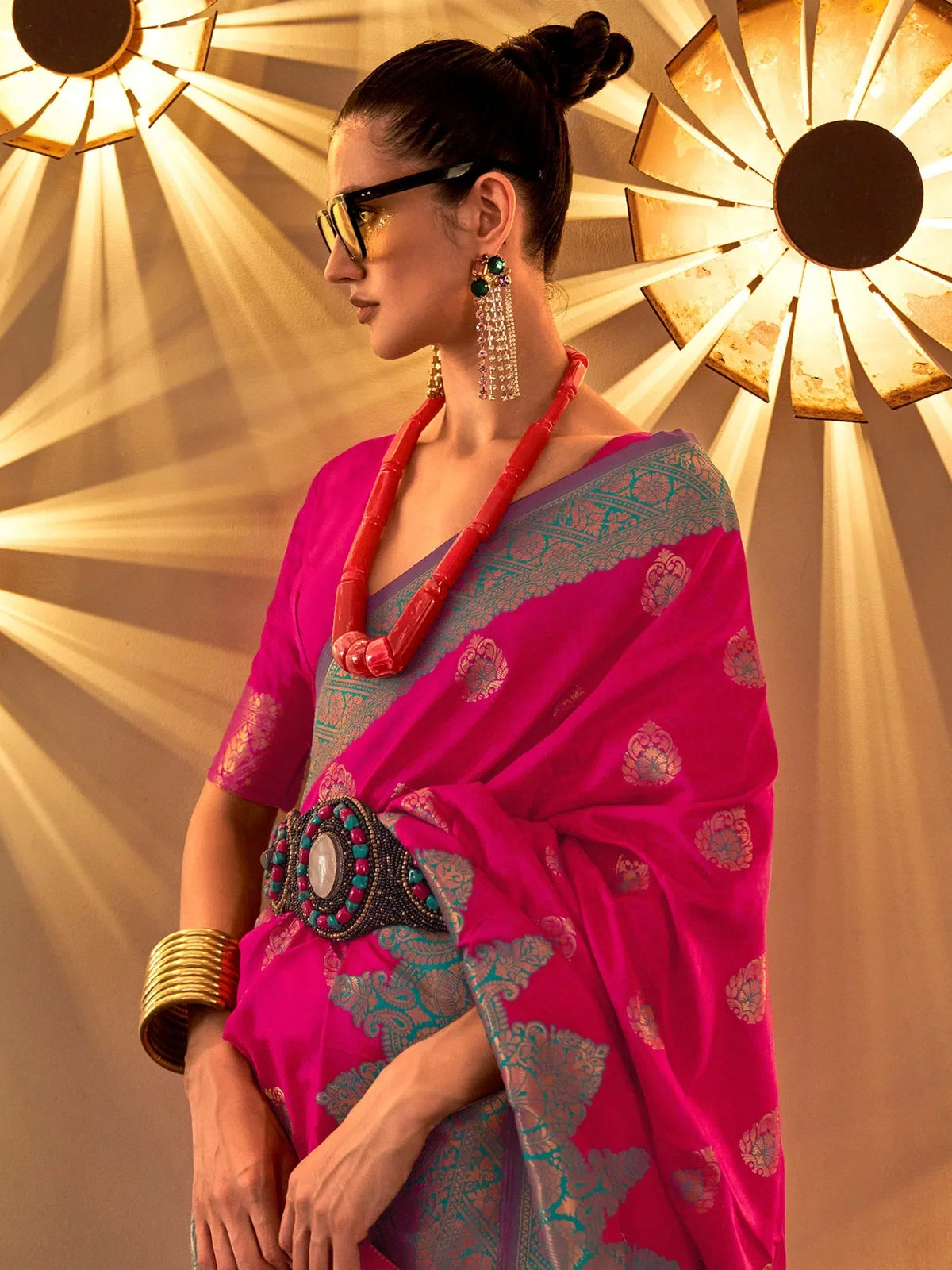 Women's  Blend Pink Woven Design Designer Saree With Blouse Piece-KORNEL310003
