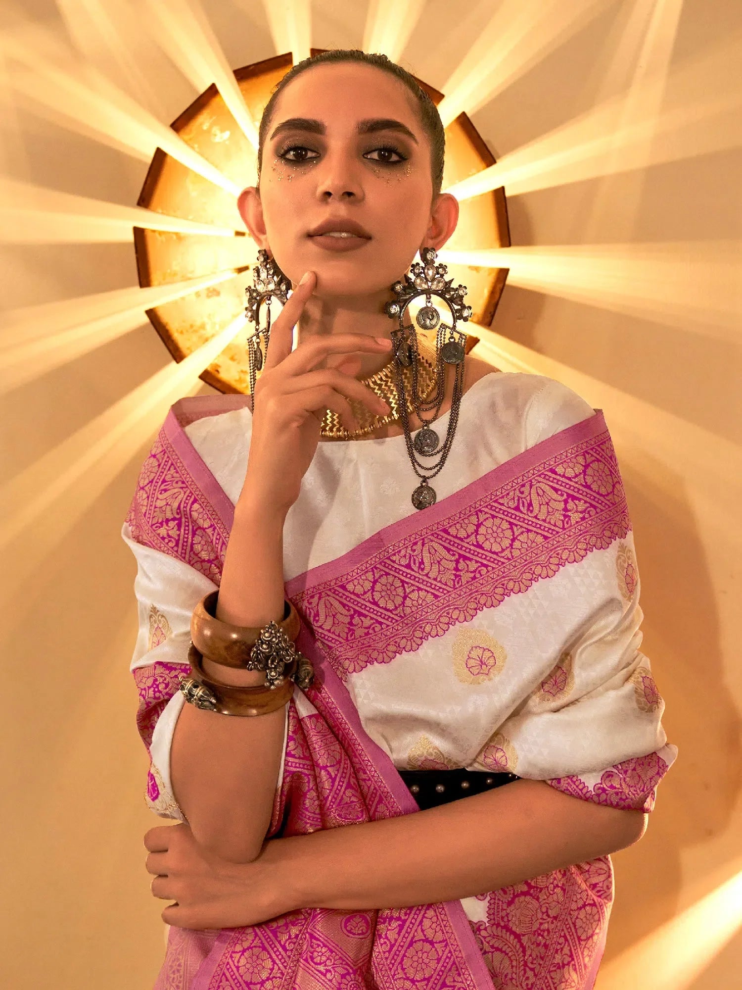 White Woven Polyester Saree with Blouse | Indian Wedding Sarees